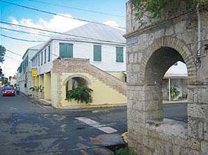 Historic Strand Street in Our Town Frederiksted features 18th century Danish brick archways and porticoes.