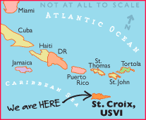 Map of the Caribbean, showing St. Croix southeast of Puerto Rico and 40 miles south of St. Thomas in an island chain running from Miami Florida to Tortola
